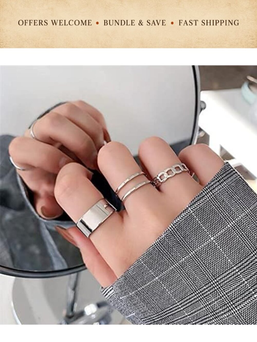 17pc Gothic Punk Chain Knuckle Rings Set Alloy Stackable Silver - Picture 5 of 6